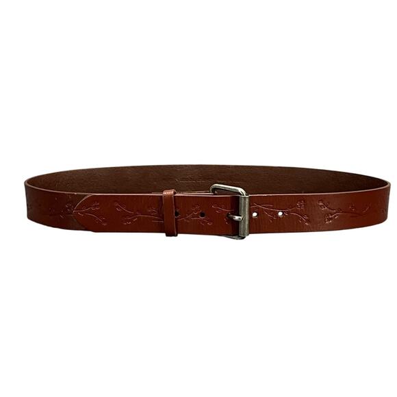 90s Y2k Boho Brown Genuine Leather Tooled Floral Design Belt Women Large 33"-37" - Picture 1 of 8